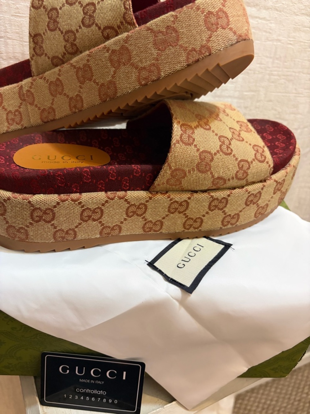 Gucci monogram Brown GG Canvas Platform Slide Sandals with Burgundy Insole - Picture 9 of 14